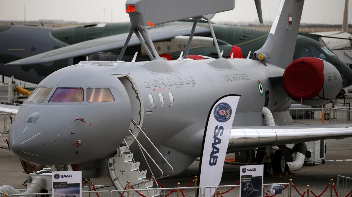 FILE PHOTO: A GlobalEye aircraft, manufactured by Saab Technologies, on static design during the fifth day of Dubai Air Show in Dubai, United Arab Emirates November 21, 2019. Picture taken November 21, 2019. REUTERS/Christopher Pike/File Photo