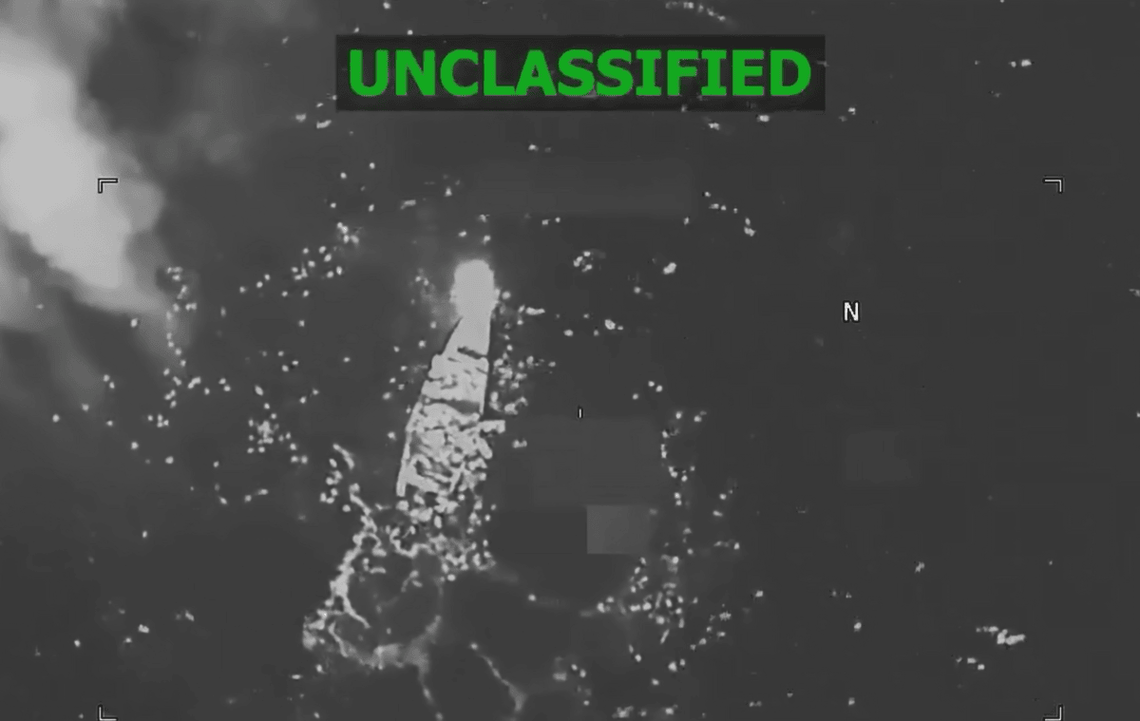  A screen grab from a video posted by the U.S. military, purportedly showing a strike on an alleged drug trafficking vessel in Caribbean waters on February 23. 