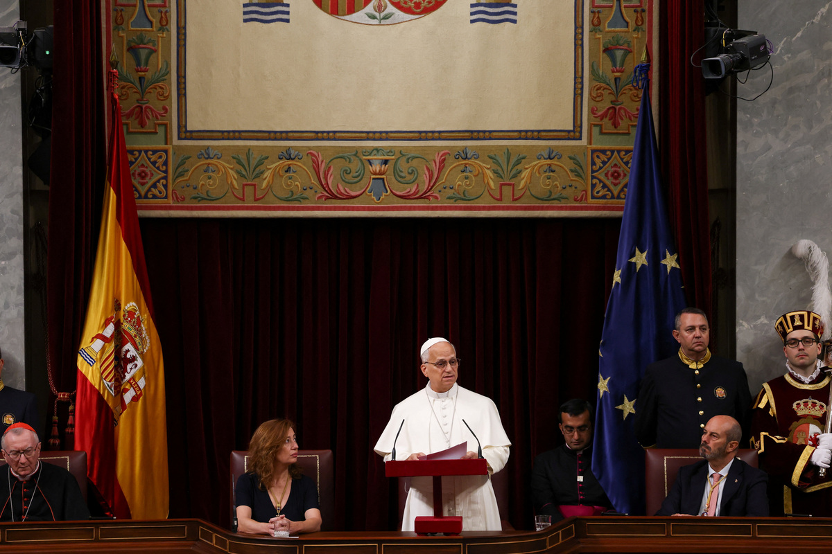 Pope Leo XIV speaks at the Spanish Parliament during his apostolic journey in Madrid, Spain, June 8, 2026. REUTERS/Yara Nardi/Pool