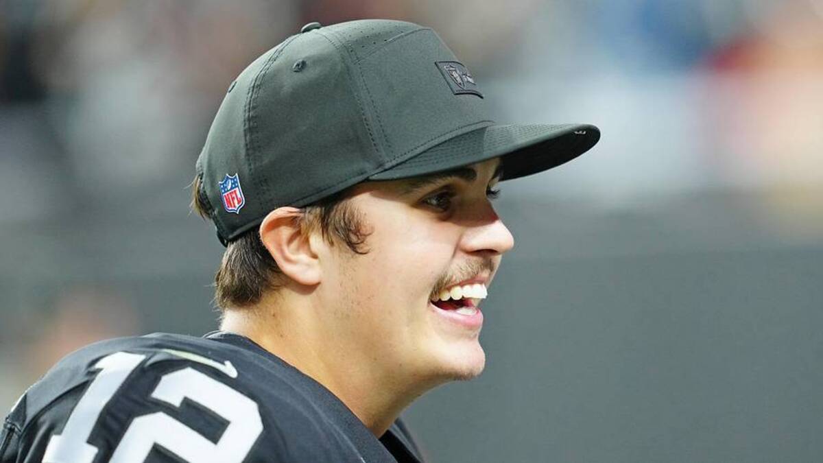  Jan 4, 2026; Paradise, Nevada, USA; Las Vegas Raiders quarterback Aidan O'Connell (12) walks off the field after the Raiders defeated the Kansas City Chiefs 14-12 at Allegiant Stadium. Mandatory Credit: Stephen R. Sylvanie-Imagn Images | Stephen R. Sylvanie-Imagn Images 