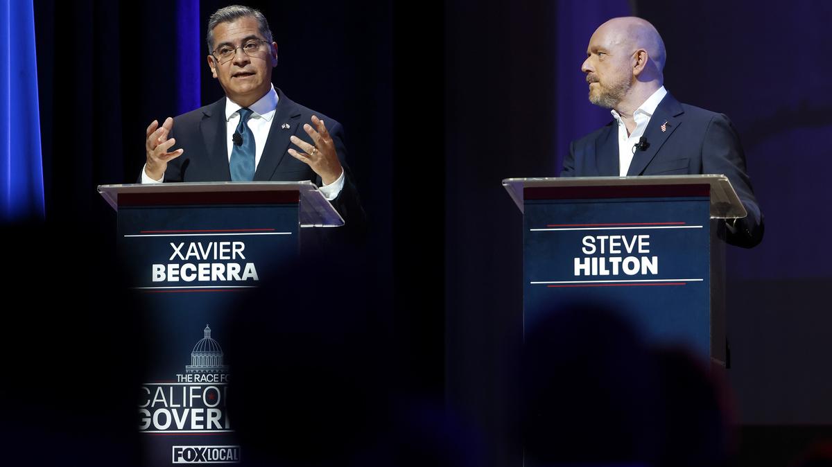 Gubernatorial candidate Xavier Becerra, left, former U.S. Secretary of Health and Human Services and Attorney General of California, speaks as Steve Hilton, political commentator, listens during “The Race for California Governor” gubernatorial debate presented by the Black Action Alliance at The Bayview Opera House in San Francisco on Tuesday, Feb. 3, 2026. (Nhat V. Meyer/Bay Area News Group/TNS)