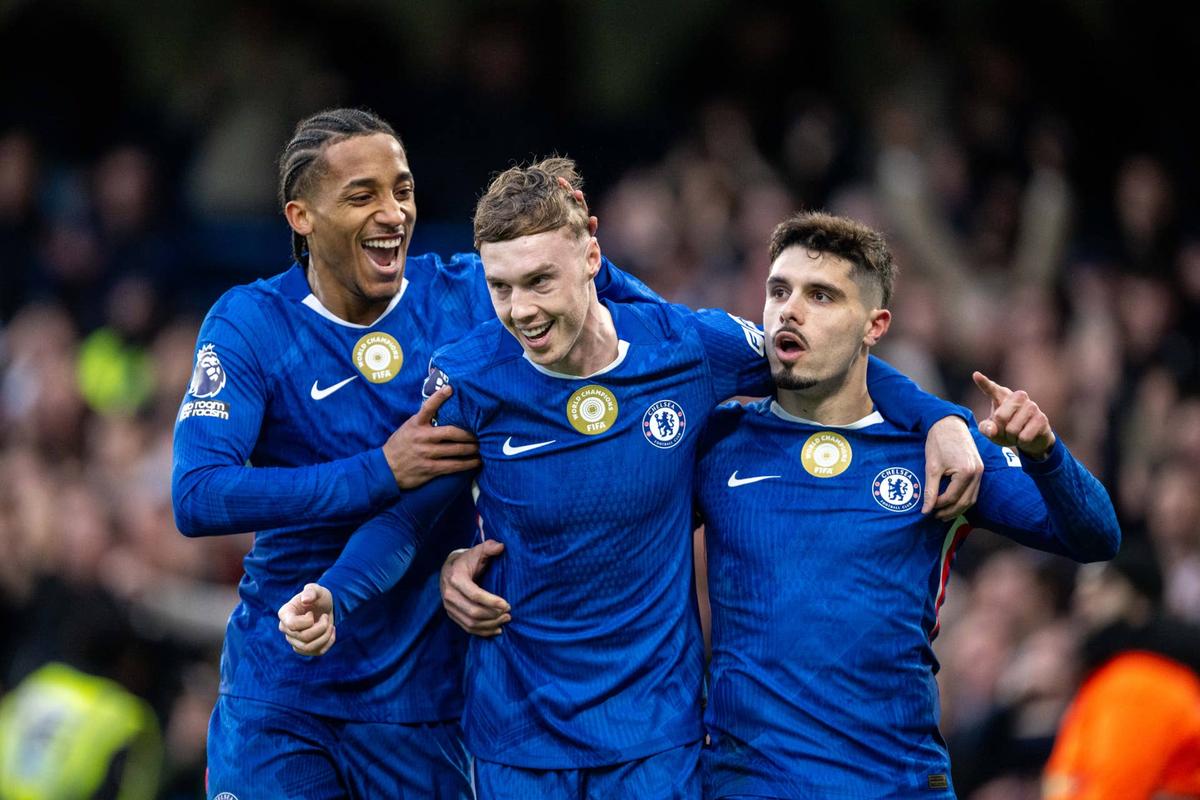  Cole Palmer celebrate with Pedro Neto and João Pedro after scoring the opening goal during a Premier League match between Chelsea and Everton. Photo by Sebastian Frej/MB Media/Getty Images