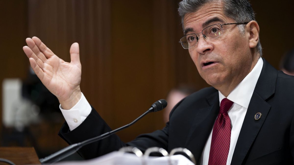 Former Secretary of the Department of Health and Human Services Xavier Becerra speaks during a Senate Finance Committee hearing on former President Joe Biden's proposed budget request for the Department of Health and Human Services for fiscal year 2025 at the U.S. Capitol in Washington, D.C., on March 14, 2024. File Photo by Bonnie Cash/UPI