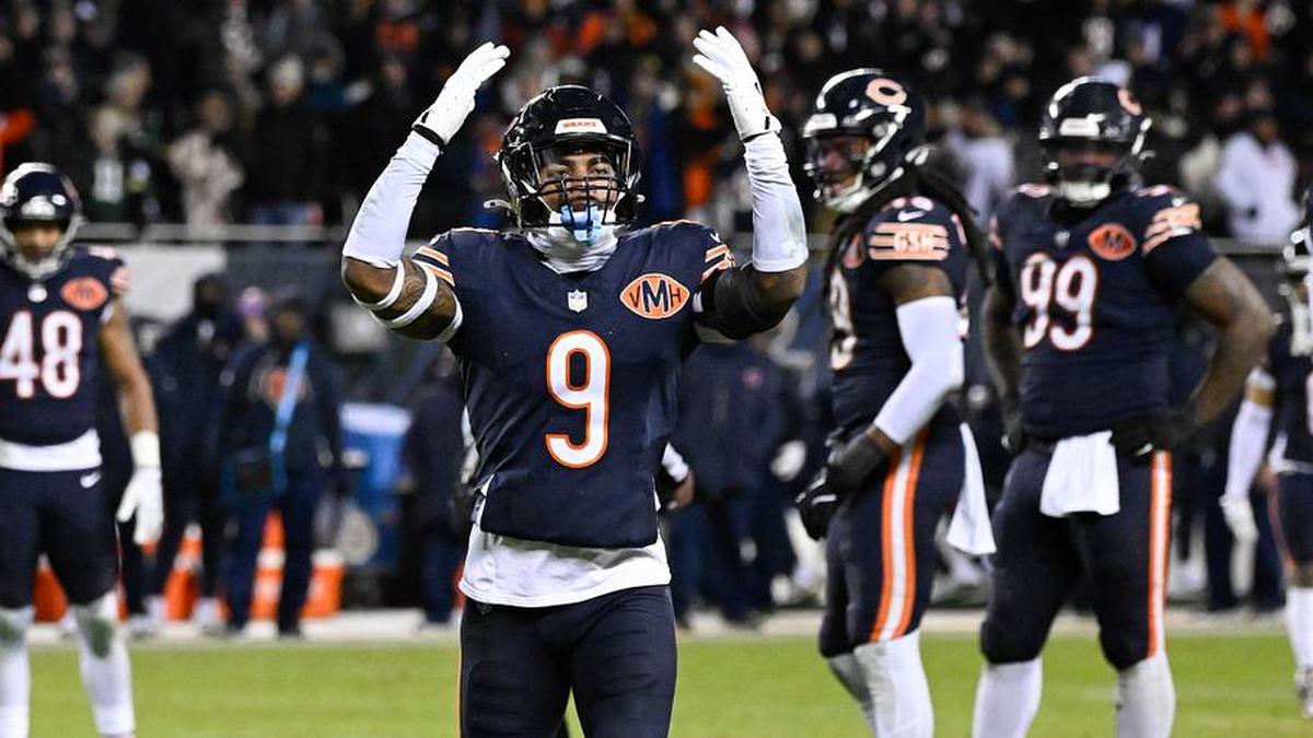  Jan 10, 2026; Chicago, IL, USA; in Chicago Bears safety Jaquan Brisker (9) reacts after a flag against the Green Bay Packers during an NFC Wild Card Round game at Soldier Field. Mandatory Credit: Matt Marton-Imagn Images | Matt Marton-Imagn Images 