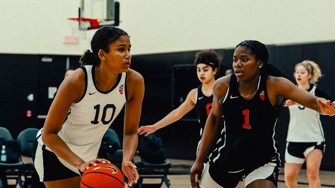  Apr 7, 2026; Portland, OR, USA; Sitiya Fagan dribbles the ball during a World Select Team practice at the 2026 Nike Hoop Summit | Nike 
