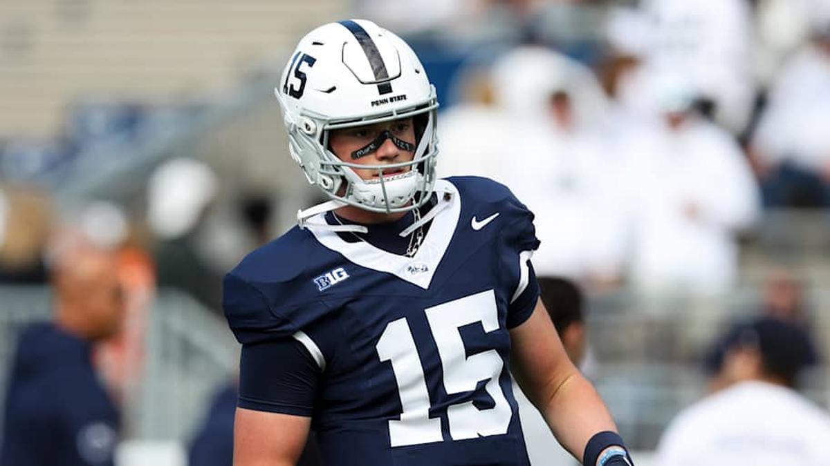  Oct 11, 2025; University Park, Pennsylvania, USA; Penn State Nittany Lions quarterback Drew Allar (15) stands on the field during a warmup prior to the game against the Northwestern Wildcats at Beaver Stadium. Mandatory Credit: Matthew O'Haren-Imagn Images | Matthew O'Haren-Imagn Images 