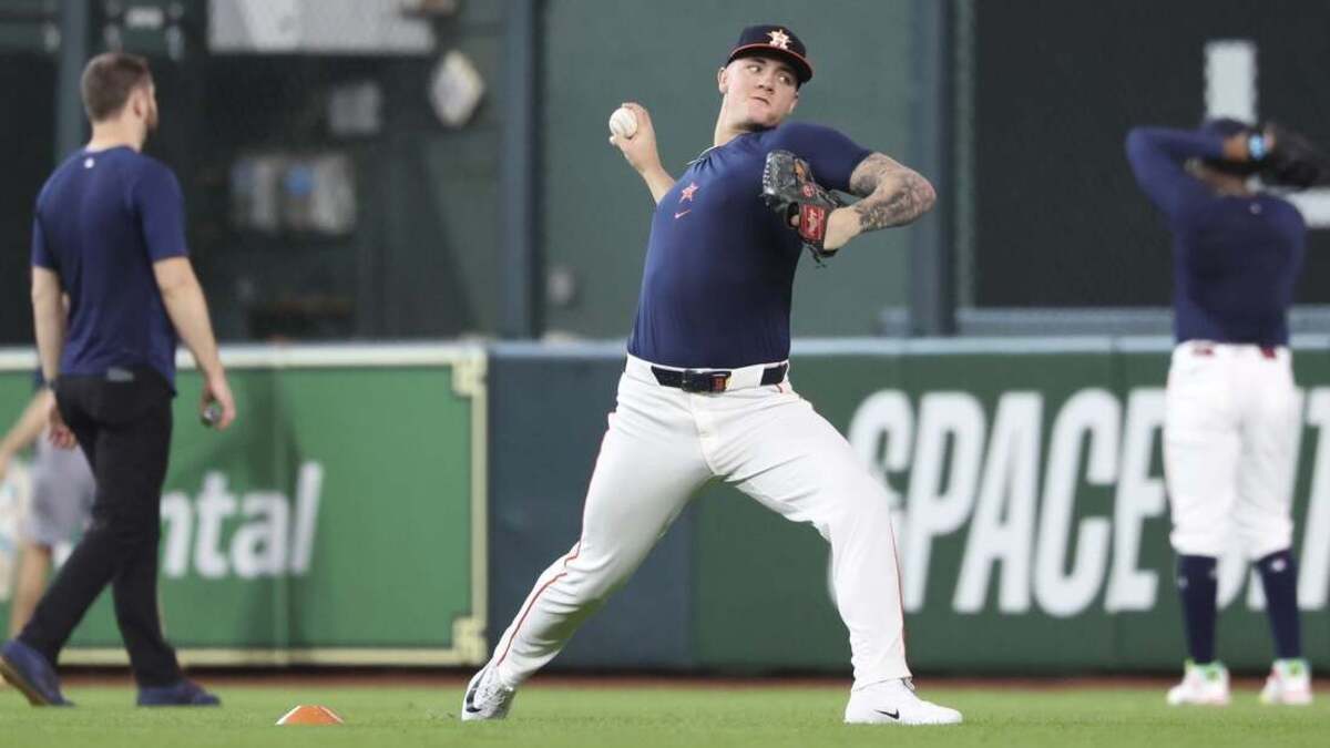 MLB: Athletics at Houston Astros. Jun 7, 2026; Houston, Texas, USA; Houston Astros pitcher Hunter Brown throws on the field before the game against the Athletics at Daikin Park. Mandatory Credit: Troy Taormina-Imagn Images