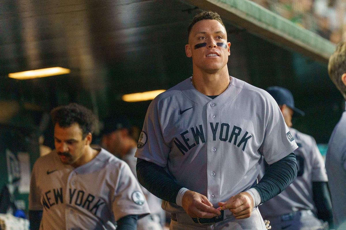  May 30, 2026; West Sacramento, California, USA; New York Yankees right fielder Aaron Judge (99) prepares to go back out for the bottom half of the sixth inning against the Athletics at Sutter Health Park. Mandatory Credit: Neville E. Guard-Imagn Images