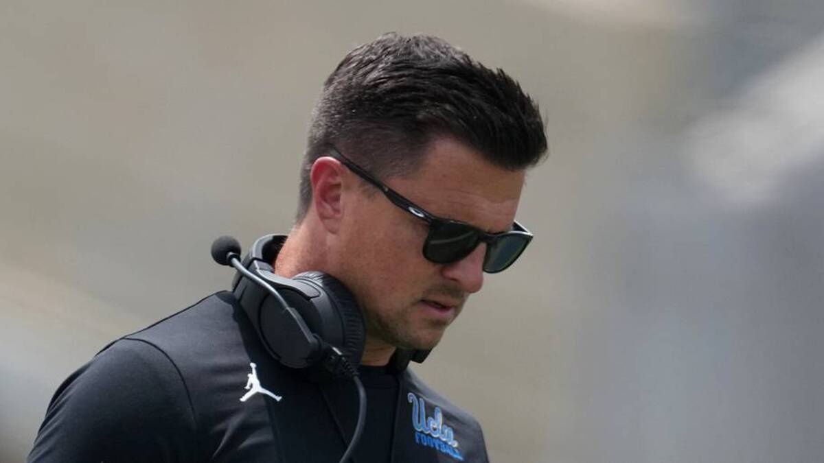  May 2, 2026; Pasadena, CA, USA; UCLA Bruins defensive coordinator Colin Hitschler (left) and head coach Bob Chesney during the spring game at Rose Bowl. Mandatory Credit: Kirby Lee-Imagn Images | IMAGN IMAGES via Reuters Connect 