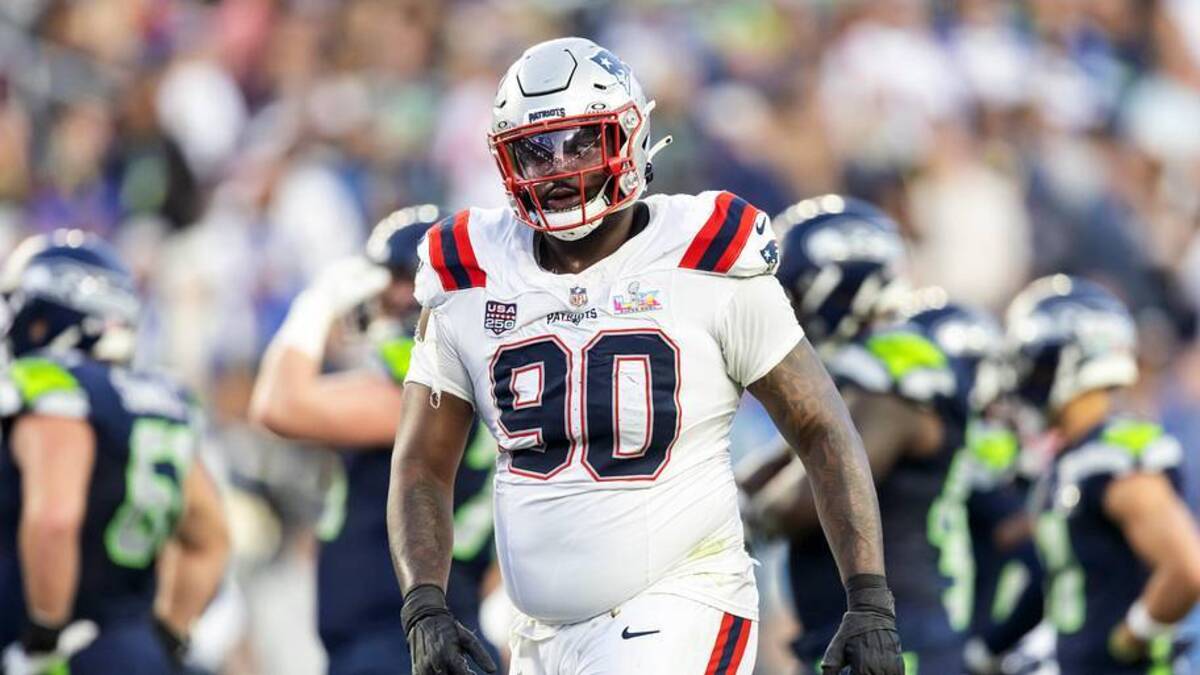  Feb 8, 2026; Santa Clara, CA, USA; New England Patriots defensive tackle Christian Barmore (90) against the Seattle Seahawks during Super Bowl LX at Levi's Stadium. Mandatory Credit: Mark J. Rebilas-Imagn Images | Mark J. Rebilas-Imagn Images 