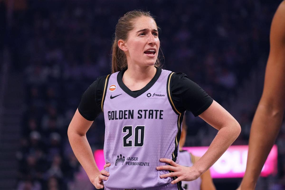  Apr 25, 2026; San Francisco, CA, USA; Golden State Valkyries guard Kate Martin (20) waits for play to resume against the Seattle Storm in the first quarter at Chase Center. Mandatory Credit: David Gonzales-Imagn Images 