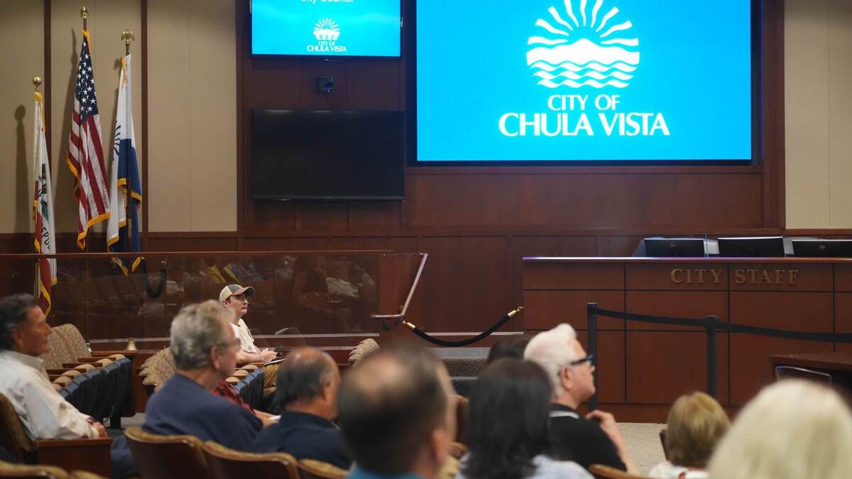 The logo of the City of Chula Vista is displayed during the city council meeting at Chula Vista City Hall on Tuesday, June 2, 2026 in Chula Vista, CA. (Michael Ho / For The San Diego Union-Tribune)