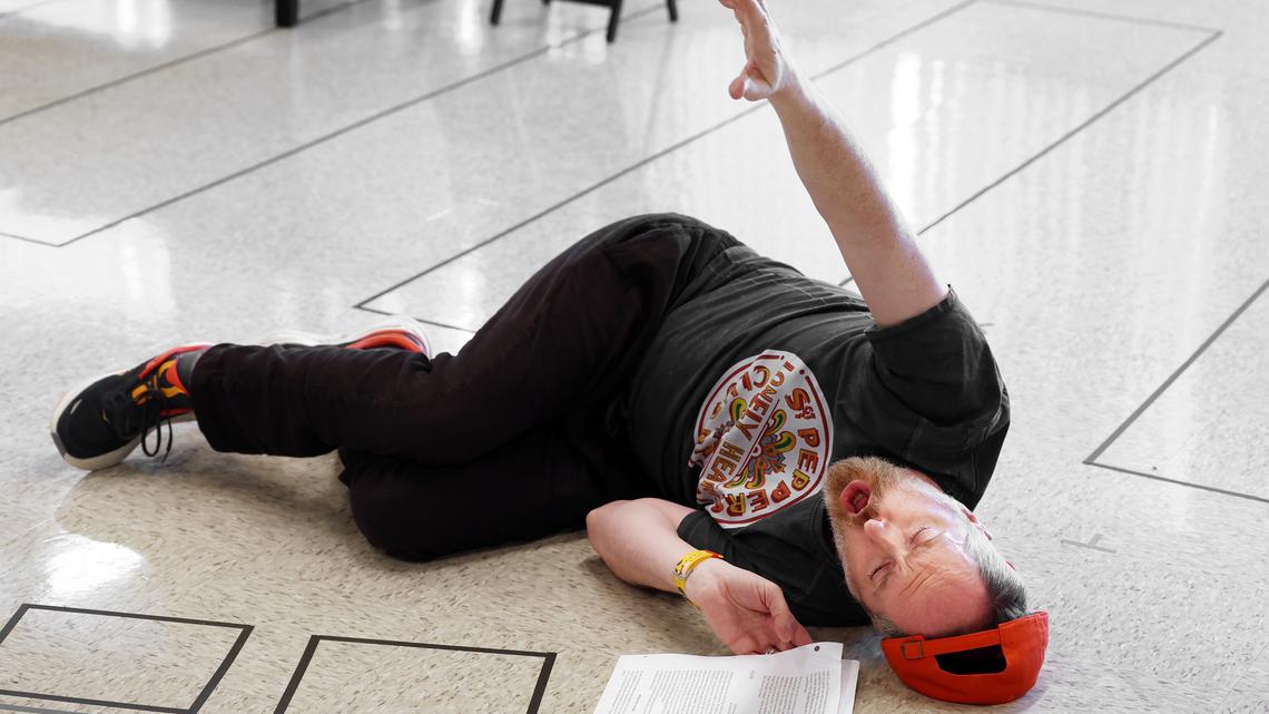 Brendan Hunt rehearses for his solo show "The Movement You Need: An Evening With Brendan Hunt" at Steppenwolf Theatre in Chicago, April 14, 2026. (Terrence Antonio James/Chicago Tribune)