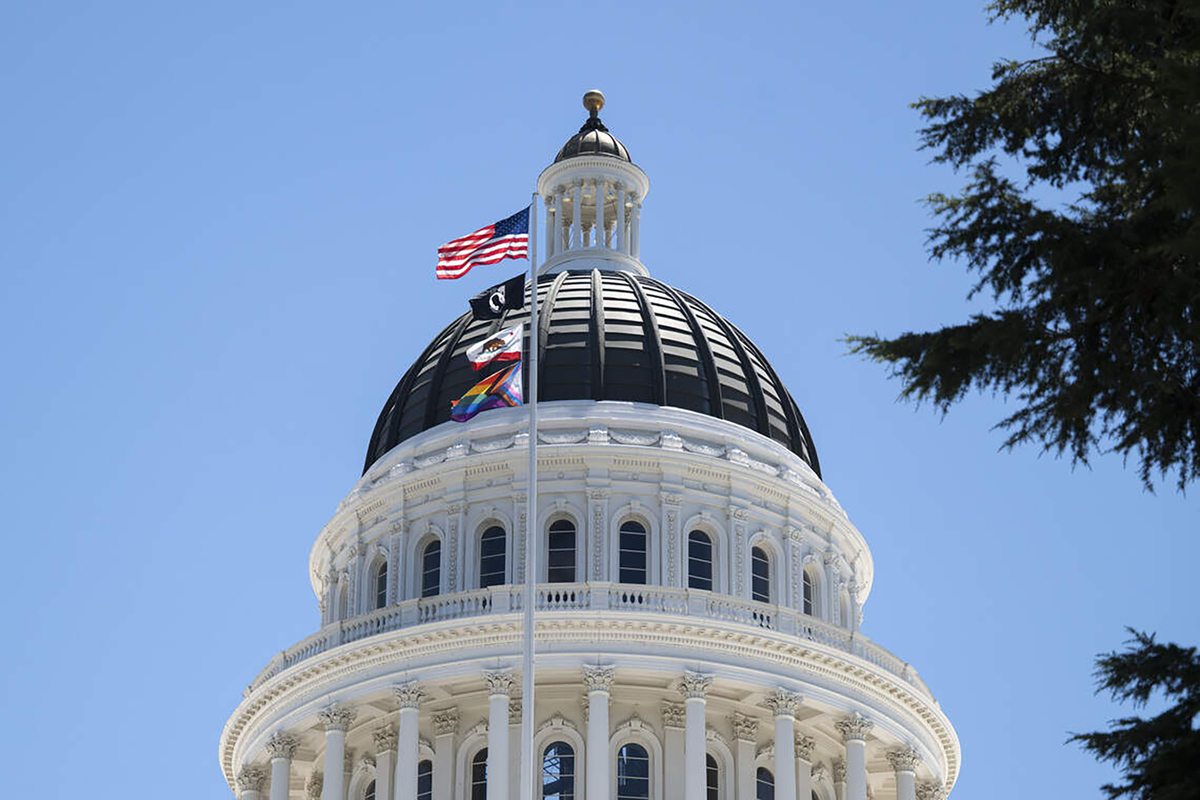 Flags are flown from the California Capitol in Sacramento on June 14, 2026.