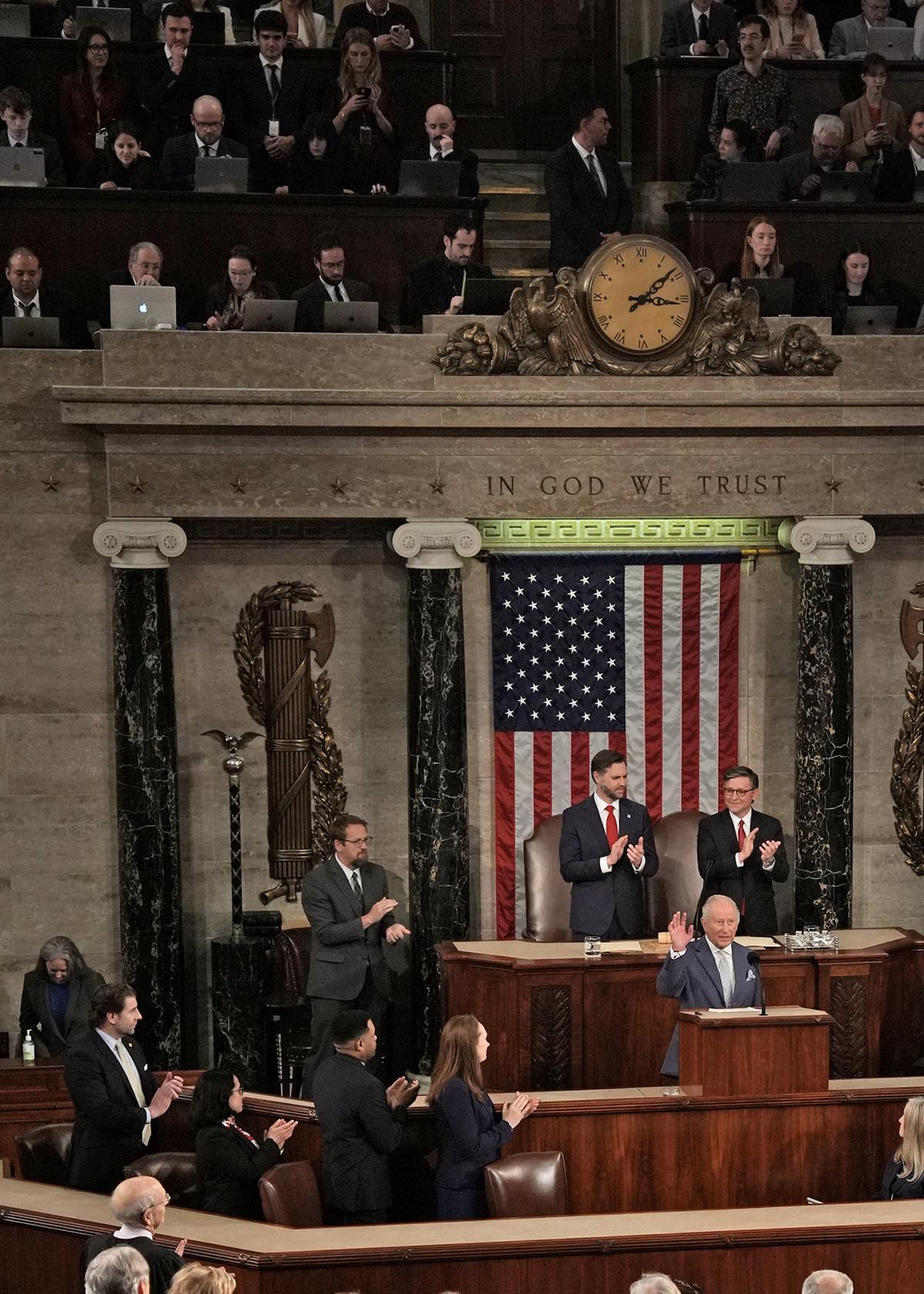 King Charles III waves as he concludes an address to a joint meeting of Congress in honor of the 250th anniversary of American independence at the Capitol in Washington, on Tuesday, April 28, 2026. (Salwan Georges/The New York Times)