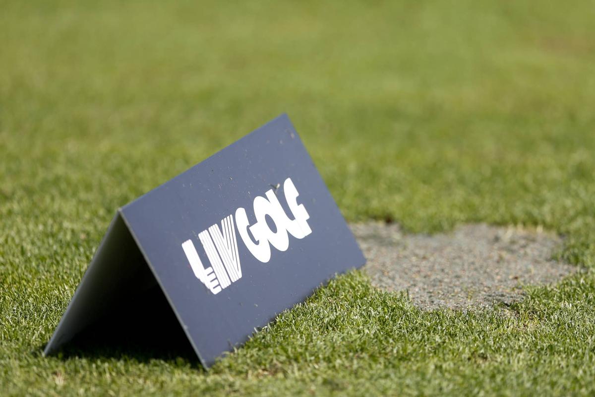  BROKEN ARROW, OKLAHOMA - MAY 13: A LIV Golf sign sits on the practice range during Day Two of the LIV Golf Invitational - Tulsa at Cedar Ridge Country Club on May 13, 2023 in Broken Arrow, Oklahoma. (Photo by Ian Maule/Getty Images) 