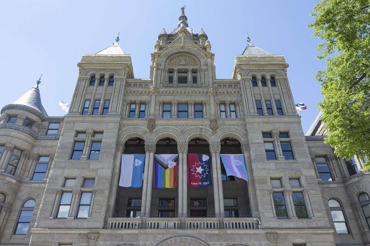  LGBTQ+ flags fly at the Salt Lake City and County building on May 7, 2025. 