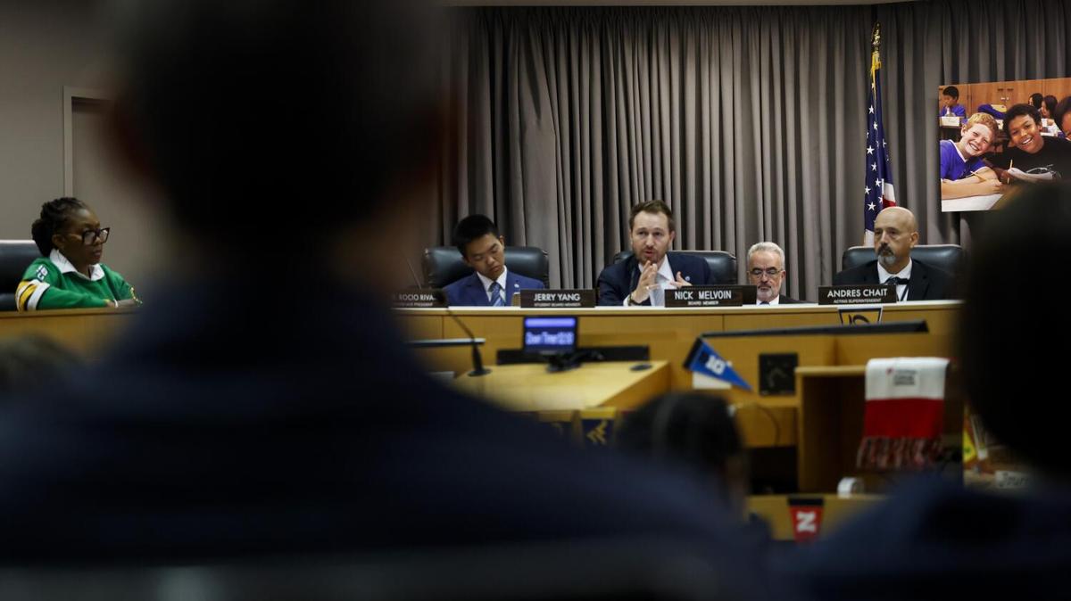 Nick Melvoin, Member of the Los Angeles Unified School District, speaks during a board meeting at the LAUSD headquarters on Tuesday, April 21, 2026, in Los Angeles, California. (Kayla Bartkowski/Los Angeles Times/TNS)