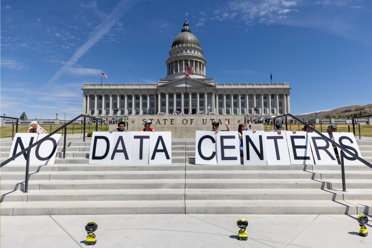  Demonstrators protest against the construction of the Stratos data center at the Utah State Capitol on May 23, 2026. 