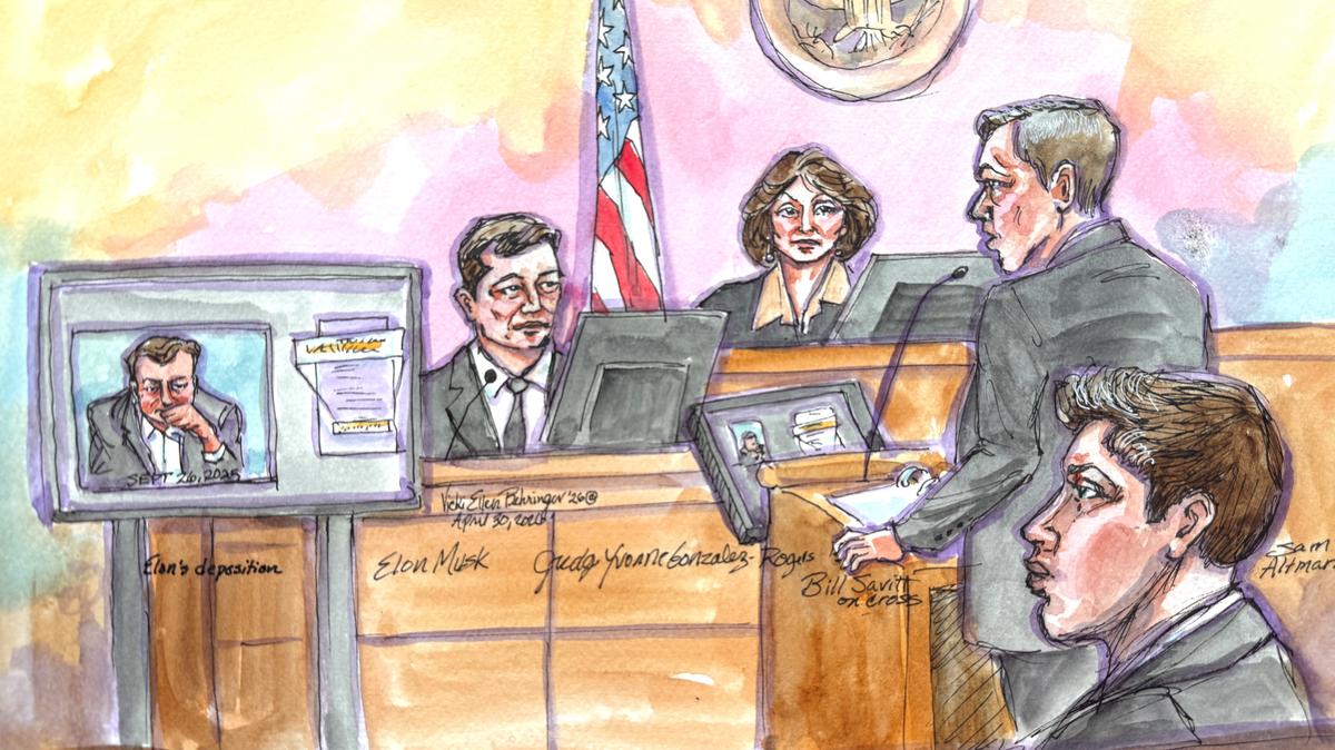 OpenAI attorney William Savitt cross-examines Elon Musk as his deposition is played on a screen, during Musk's lawsuit trial over OpenAI's for-profit conversion before U.S. District Judge Yvonne Gonzalez Rogers, with Sam Altman, CEO of OpenAI, sitting in the foreground, at a federal courthouse in Oakland, California, U.S., April 30, 2026, in a courtroom sketch. REUTERS/Vicki Behringer. NO RESALES. NO ARCHIVES
