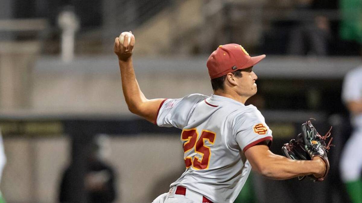  USC pitcher Sax Matson throws a pitch as the Oregon Ducks host the USC Trojans on May 14, 2026, in Eugene, Oregon. | Ben Lonergan/The Register-Guard / USA TODAY NETWORK via Imagn Images 