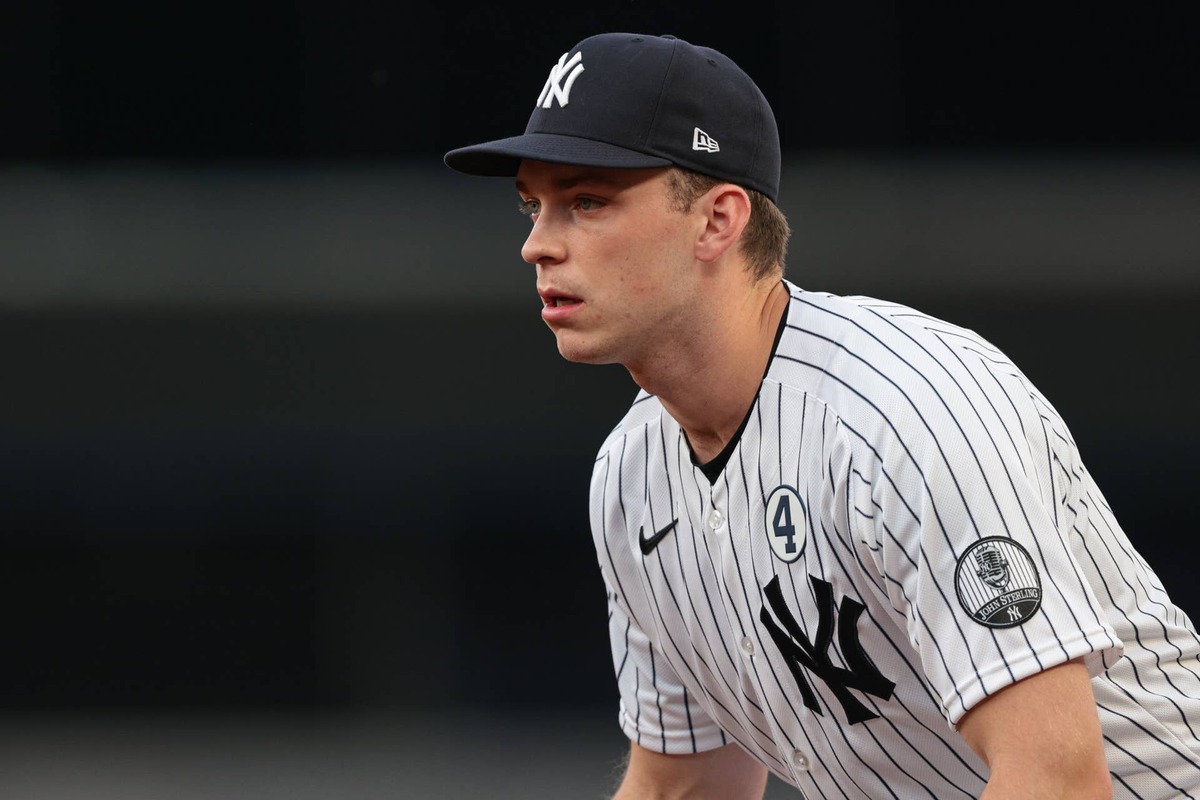  Jun 2, 2026; Bronx, New York, USA; New York Yankees first baseman Ben Rice (22) sets before a pitch during the first inning against the Cleveland Guardians at Yankee Stadium. Mandatory Credit: Vincent Carchietta-Imagn Images 