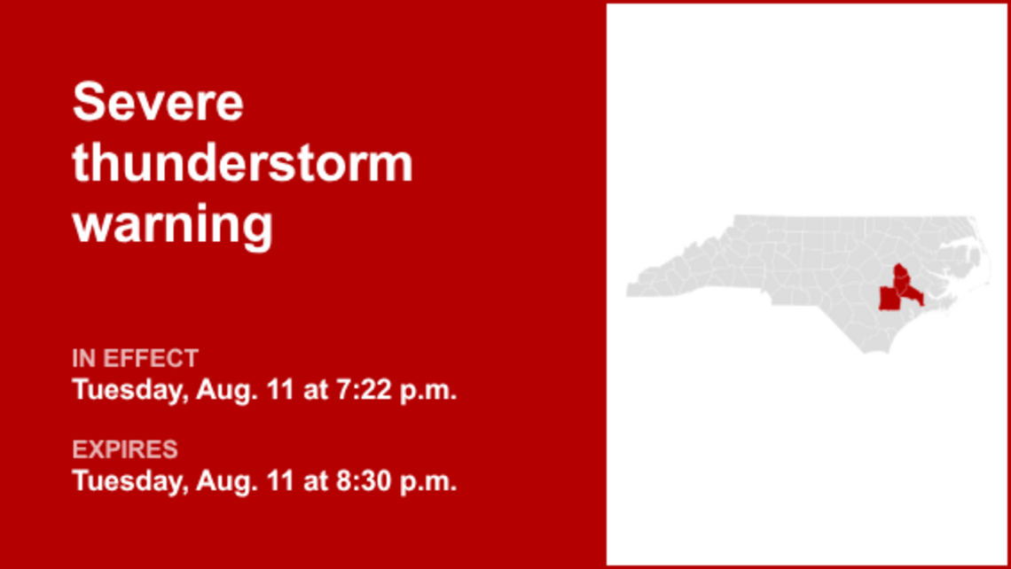Eastern North Carolina placed under a severe thunderstorm warning Tuesday evening 