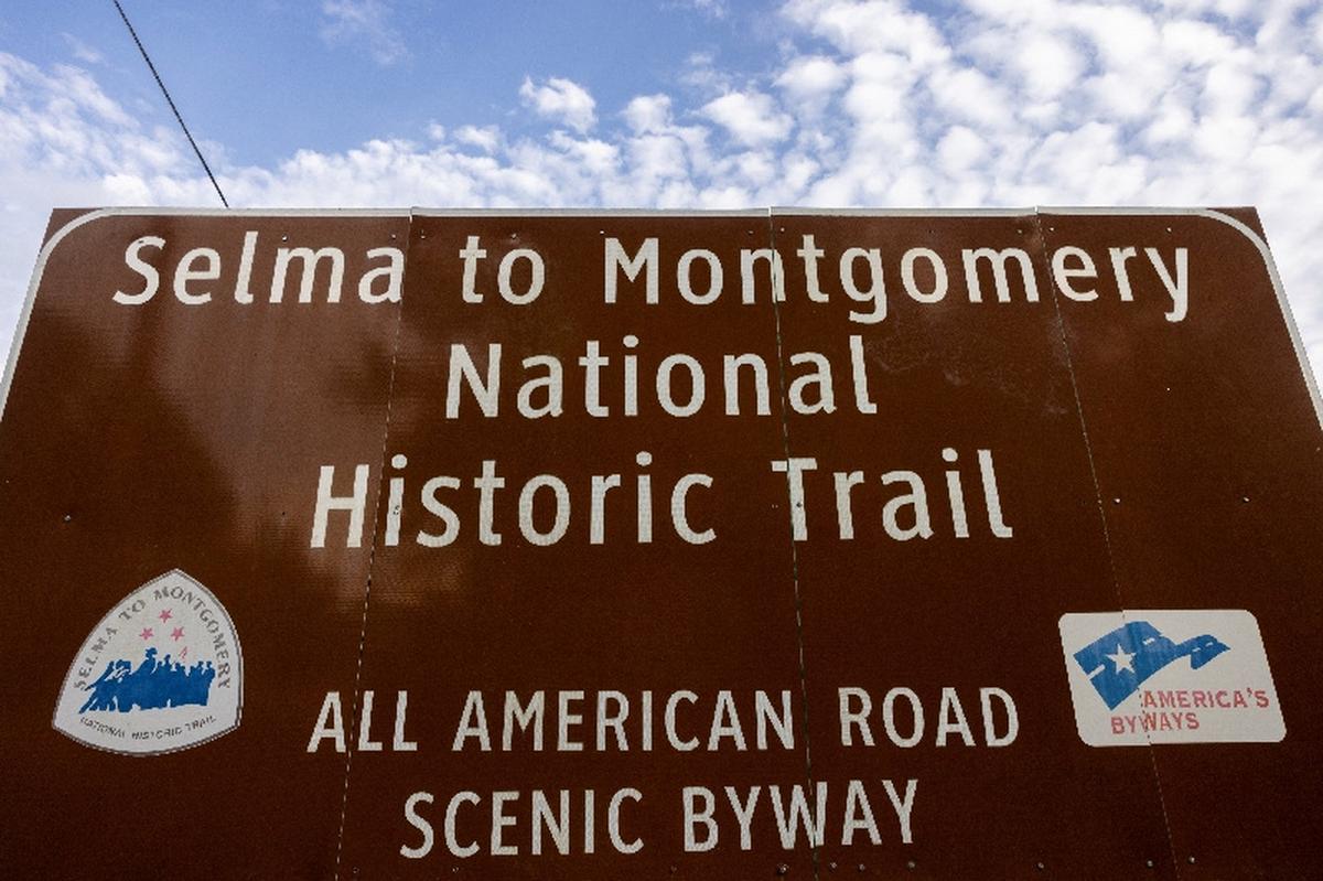 A sign marks the start of the route of the 1965 march from Selma to Montgomery, in Selma, Alabama, U.S., May 7, 2026.  REUTERS/Kevin Mohatt