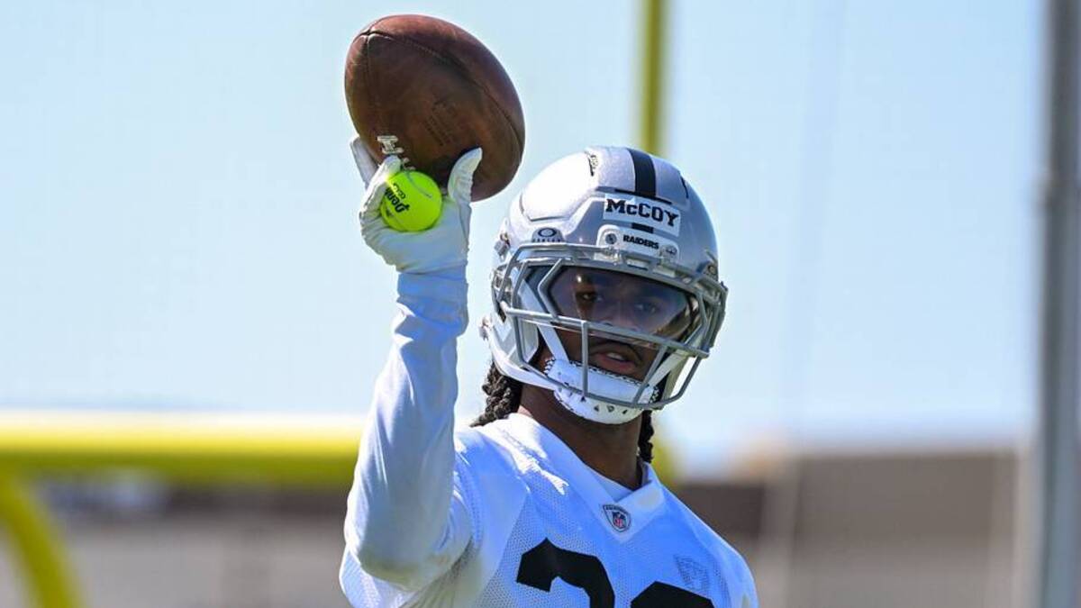 May 20, 2026; Henderson, NV, USA; Las Vegas Raiders cornerback Jermod McCoy (28) practices during organized team activities at Intermountain Health Performance Center. Mandatory Credit: Candice Ward-Imagn Images | IMAGN IMAGES via Reuters Connect 