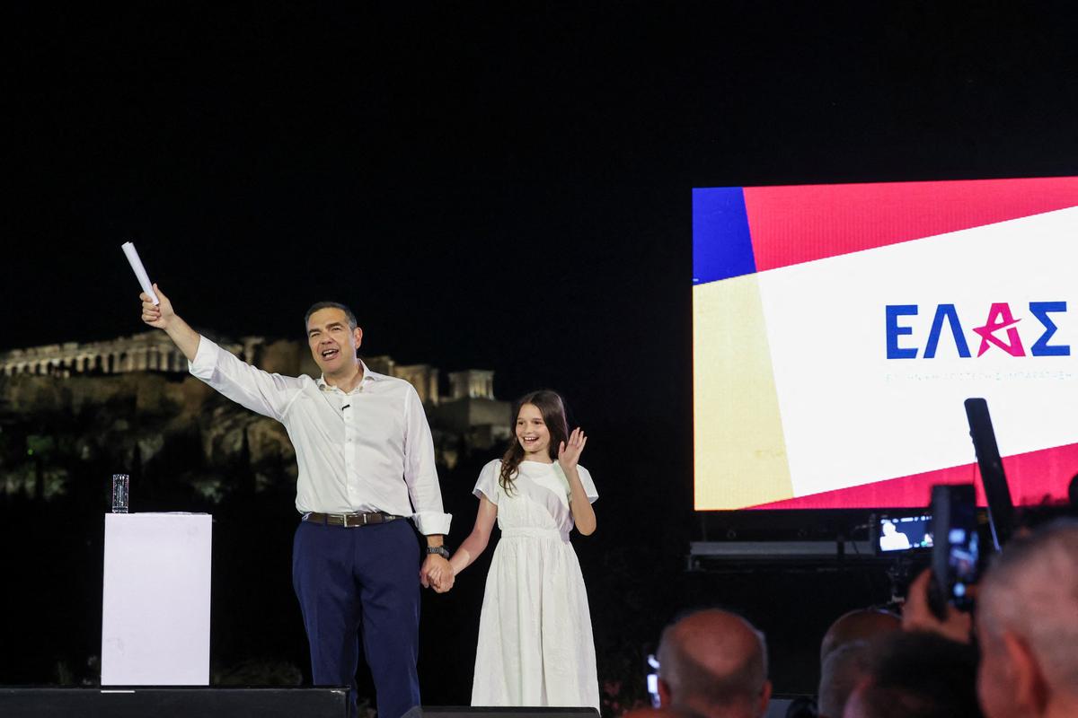 Greece's former Prime Minister Alexis Tsipras unveils the name of his new political party, ELAS-Greek Left Alliance, ahead of the 2027 parliamentary elections, in Athens, Greece, May 26, 2026. REUTERS/Louisa Gouliamaki