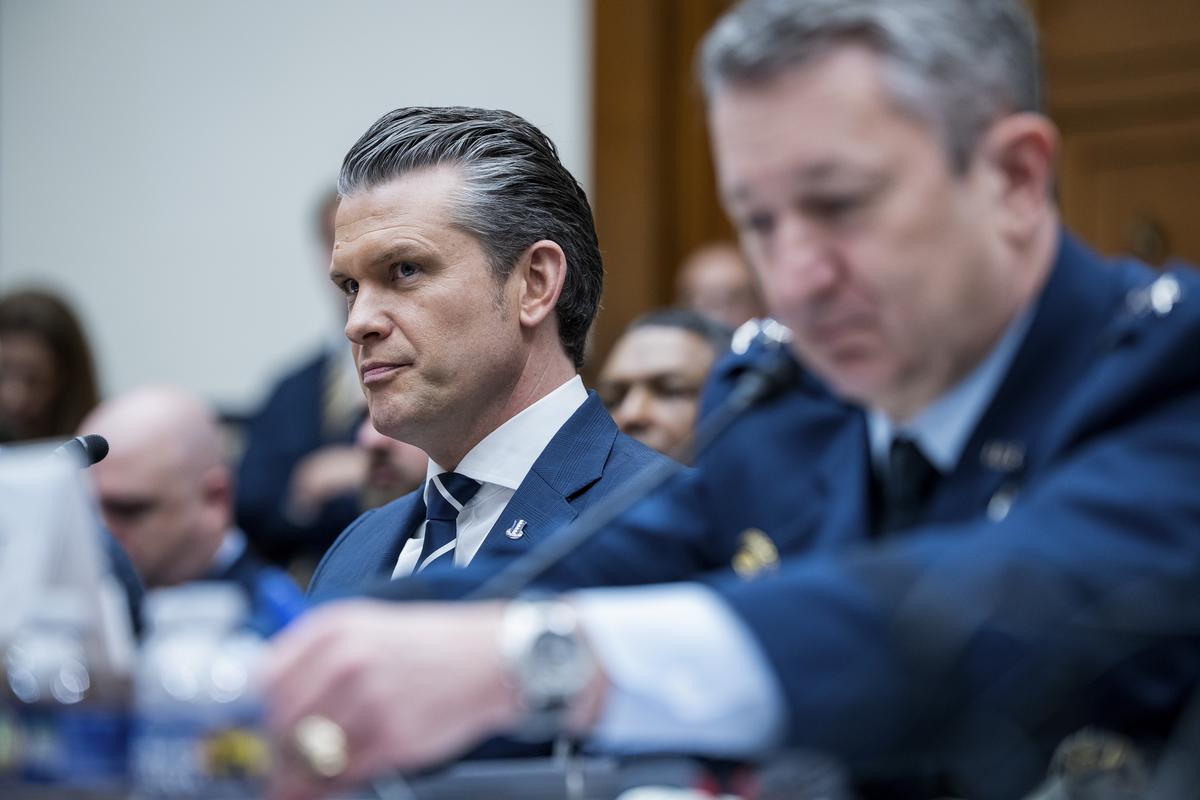 Defense Secretary Pete Hegseth, left, and Gen. Dan Caine, chairman of the Joint Chiefs of Staff, testify during a House Armed Services Committee hearing on the Department of Defense's budget request on Capitol Hill in Washington, on Wednesday, April 29, 2026. (Haiyun Jiang/The New York Times)