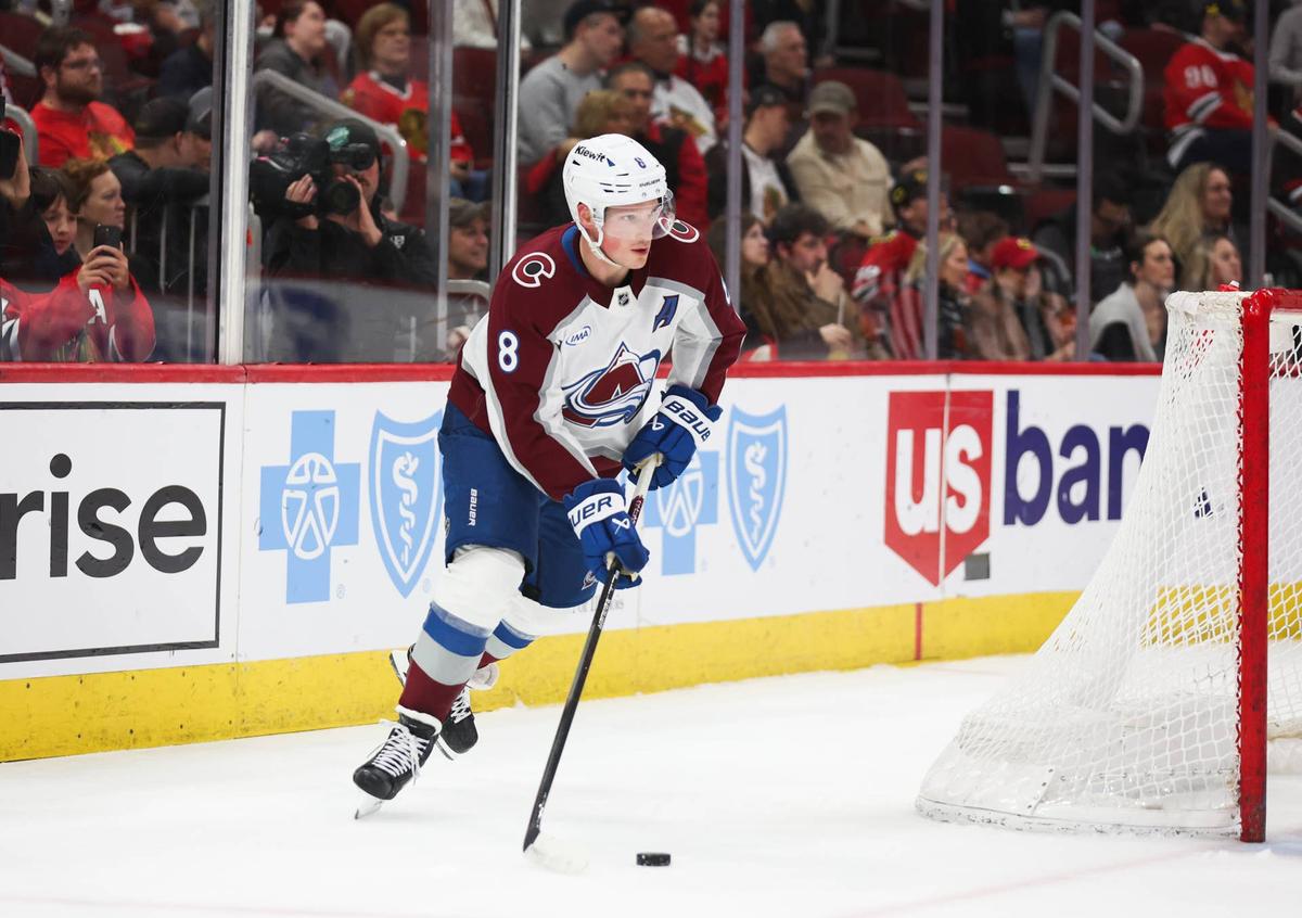  Colorado Avalanche defenseman Cale Makar (8) clears the puck. Talia Sprague-Imagn Images