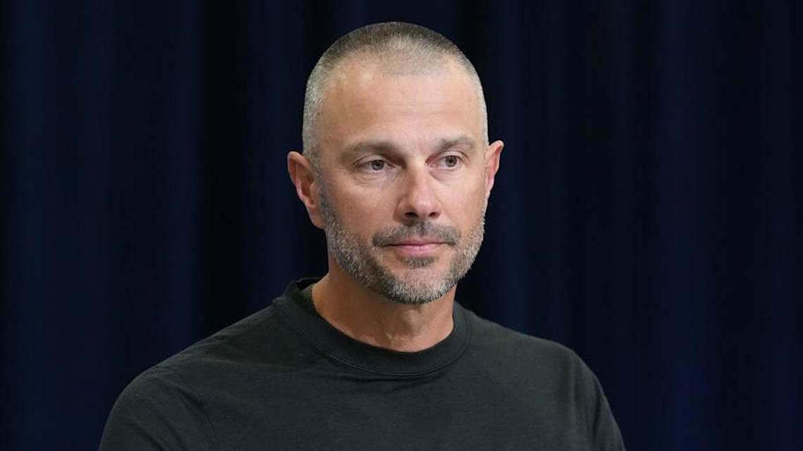  Feb 24, 2026; Indianapolis, IN, USA; Las Vegas Raiders general manager John Spytek speaks at the NFL Scouting Combine at the Indiana Convention Center. Mandatory Credit: Kirby Lee-Imagn Images | Kirby Lee-Imagn Images 