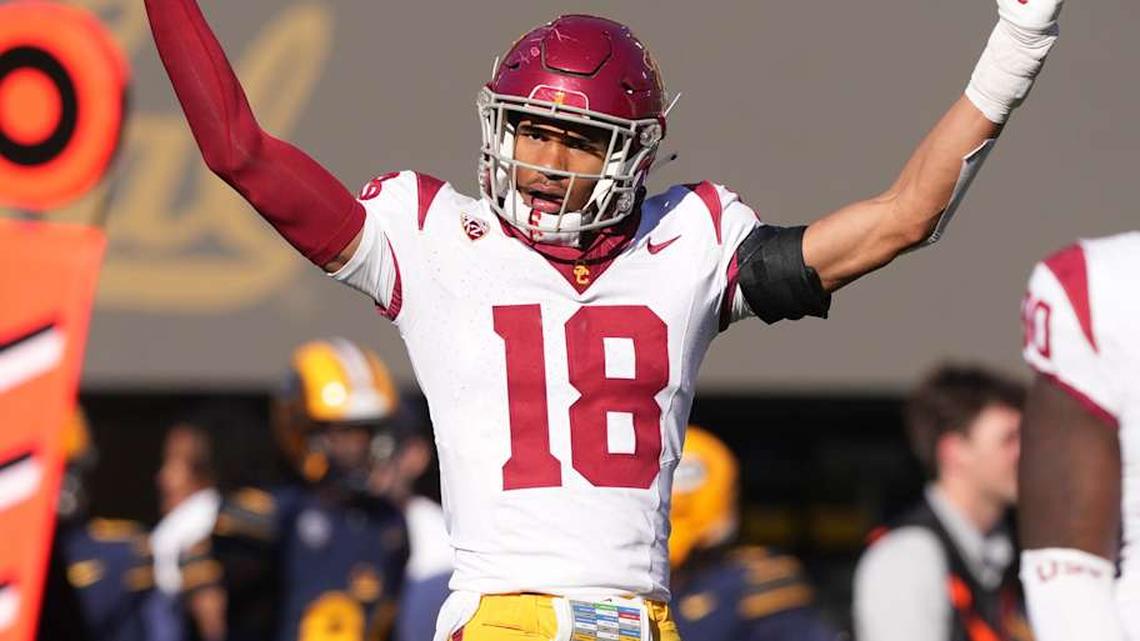  Oct 28, 2023; Berkeley, California, USA; USC Trojans linebacker Eric Gentry (18) gestures during the third quarter against the California Golden Bears at California Memorial Stadium. Mandatory Credit: Darren Yamashita-Imagn Images | Darren Yamashita-Imagn Images 