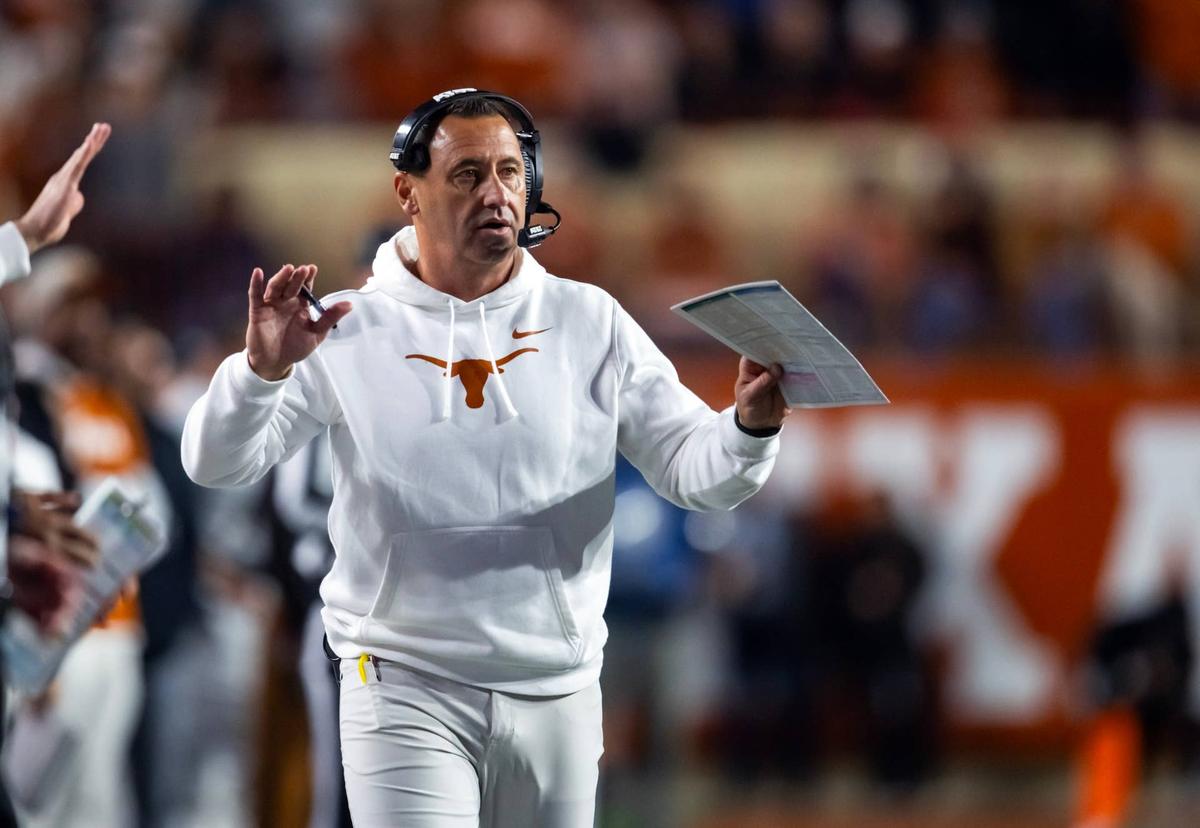  Dec 21, 2024; Austin, Texas, USA; Texas Longhorns head coach Steve Sarkisian against the Clemson Tigers during the CFP National playoff first round at Darrell K Royal-Texas Memorial Stadium. Mandatory Credit: Mark J. Rebilas-Imagn Images 