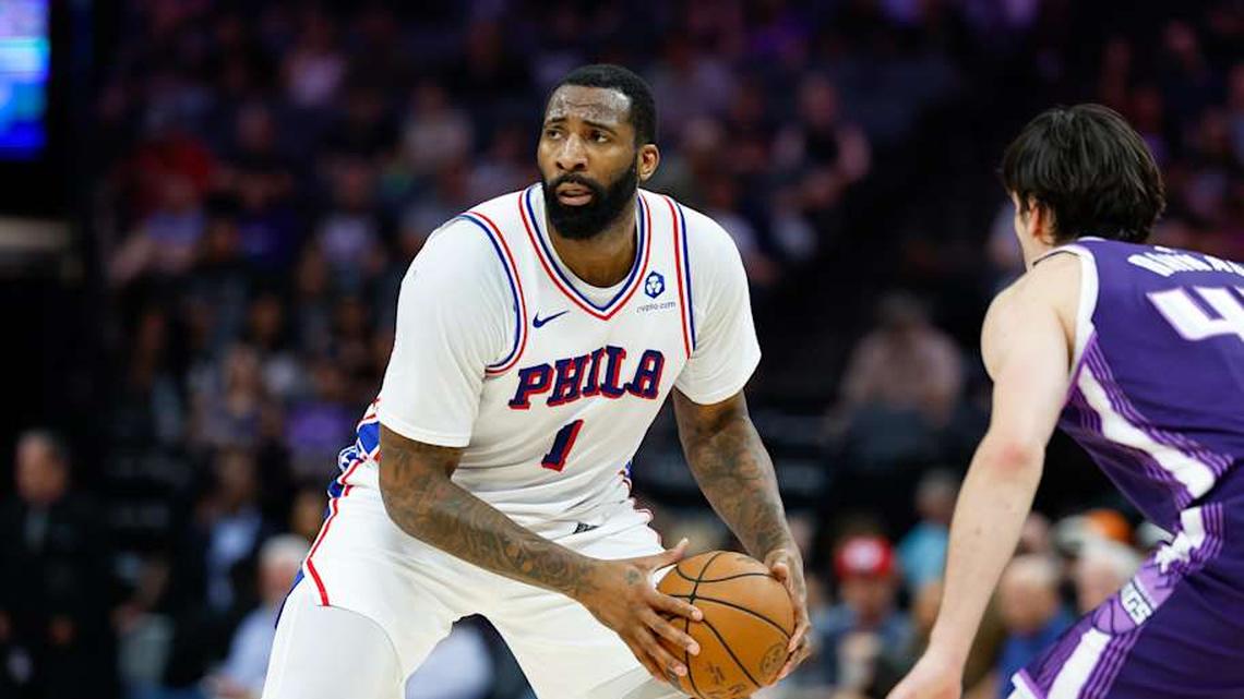  Mar 19, 2026; Sacramento, California, USA; Philadelphia 76ers center Andre Drummond (1) controls the ball against Sacramento Kings center Maxime Raynaud (42) during the second quarter at Golden 1 Center. | Sergio Estrada-Imagn Images 