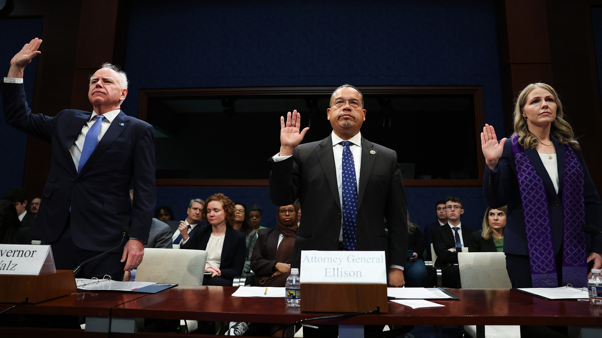 Left to right, Minnesota Gov. Tim Walz, Minnesota Attorney General Keith Ellison and Rev. Mariah Tollgaard, senior pastor of Hamline Church United Methodist in St. Paul, Minnesota, are sworn in as they testify during a House Oversight and Government Reform Committee hearing in the U.S. Capitol Building on March 4, 2026, in Washington, D.C. (Anna Moneymaker/Getty Images/TNS)