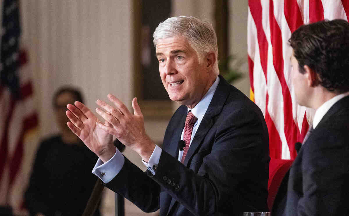  U.S. Supreme Court Justice Neil Gorsuch speaks at the Nixon Presidential Library & Museum in Yorba Linda, Calf., on Friday, August 9, 2024. He was promoting his book “Over Ruled, The Human Toll of Too Much Law.” (Paul Bersebach/The Orange County Register via AP) 