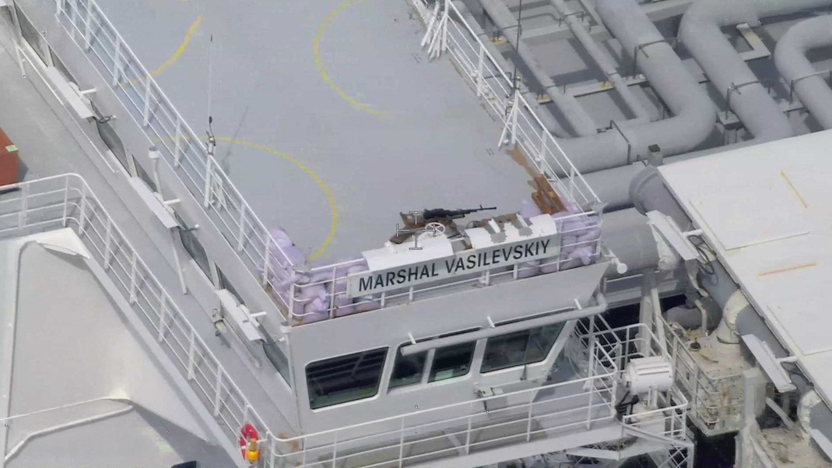 A machine gun on a sandbag-protected post on the civilian Russian-flagged LNG tanker Marshal Vasilevskiy in this undated handout picture, which Estonia's Police and Border Guard said was taken as the vessel was in Estonia's vicinity this spring.   ESTONIAN POLICE AND BORDERGUARD/Handout via REUTERS