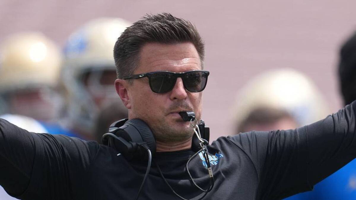  May 2, 2026; Pasadena, CA, USA; UCLA Bruins coach Bob Chesney reacts during the spring game at Rose Bowl. Mandatory Credit: Kirby Lee-Imagn Images | Kirby Lee-Imagn Images 