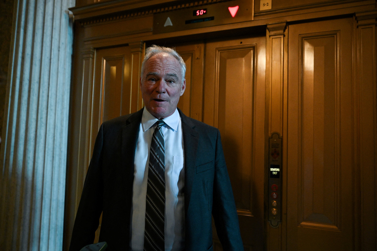 U.S. Senator Tim Kaine (D-VA) speaks to reporters after the Republican-majority U.S. Senate backed legislation to halt U.S. military action against Iran, on Capitol Hill in Washington, D.C., U.S., June 23, 2026. REUTERS/Annabelle Gordon
