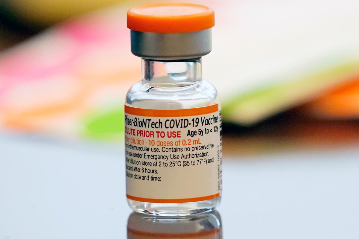 A vial of the Pfizer-BioNTech COVID-19 vaccine for children 5 to 12 years old sits ready for use at a vaccination site in Fort Worth, Texas, Thursday, Nov. 11, 2021. Kids ages 5 to 11 should get a booster dose of Pfizer’s COVID-19 vaccine, advisers to the U.S. government said Thursday, May 19, 2022.