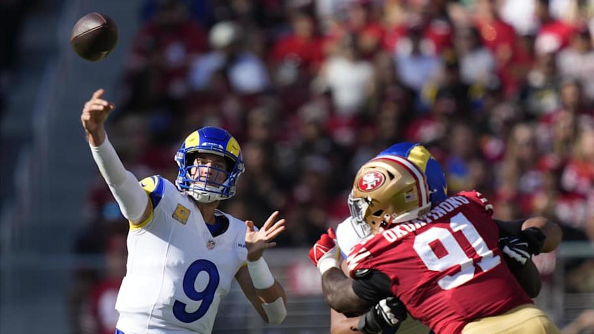  Nov 9, 2025; Santa Clara, California, USA; Los Angeles Rams quarterback Matthew Stafford (9) throws a pass during the first quarter against the San Francisco 49ers at Levi's Stadium. Mandatory Credit: Kyle Terada-Imagn Images | Kyle Terada-Imagn Images 