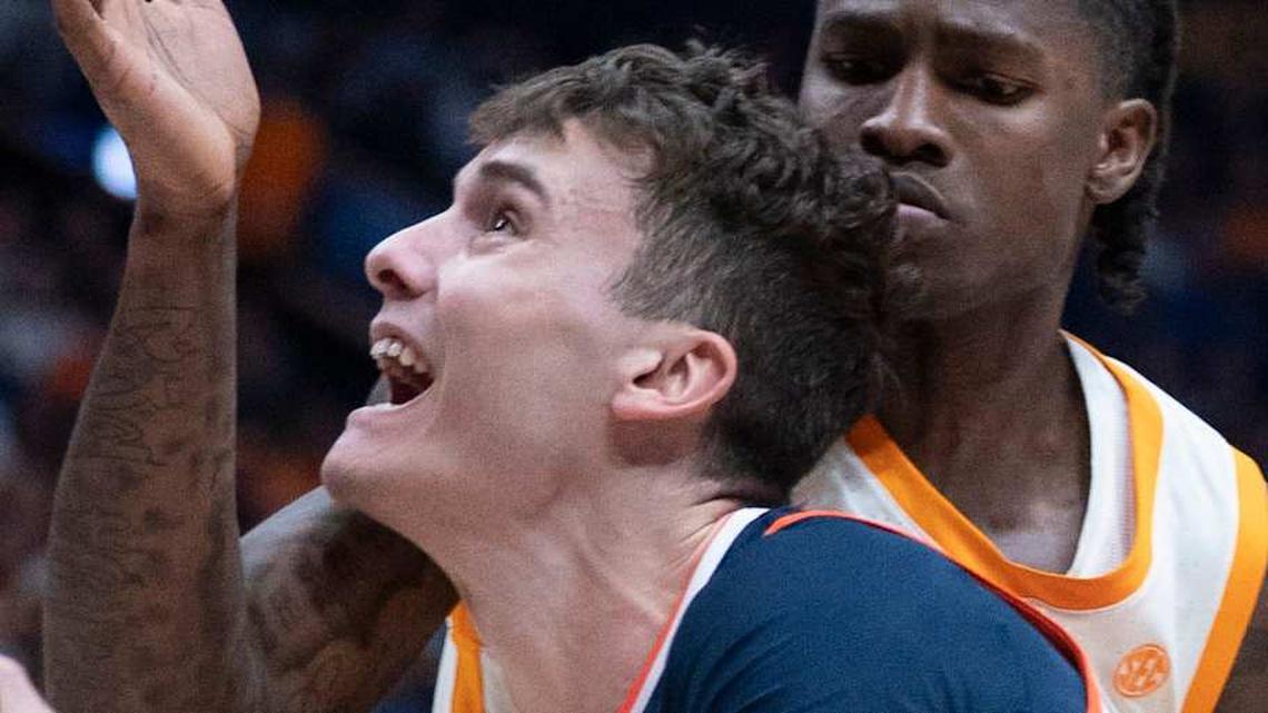  Auburn forward Filip Jovic (38) shoots against Tennessee center Felix Okpara (34) during their Day 2 2026 SEC Men's Basketball Tournament game at Bridgestone Arena in Nashville, Tenn., Thursday, March 12, 2026. | DENNY SIMMONS / THE TENNESSEAN / USA TODAY NETWORK via Imagn Images 