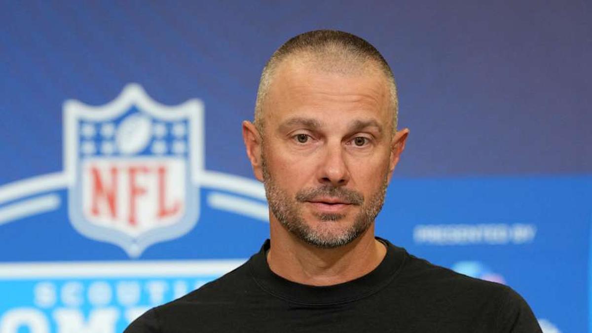  Feb 24, 2026; Indianapolis, IN, USA; Las Vegas Raiders general manager John Spytek speaks at the NFL Scouting Combine at the Indiana Convention Center. Mandatory Credit: Kirby Lee-Imagn Images | Kirby Lee-Imagn Images 