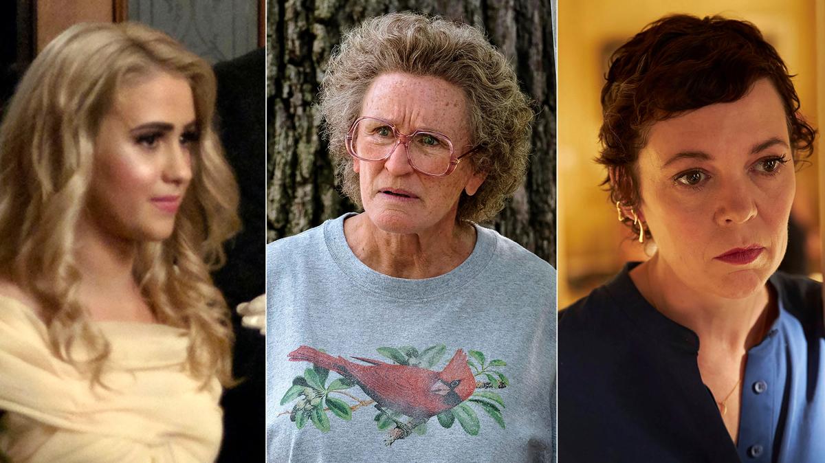 En esta combinación de fotos, de izquierda a derecha, las nominadas al Oscar a la mejor actriz de reparto Maria Bakalova en “Borat Subsequent Moviefilm”, Glenn Close en “Hillbilly Elegy”, Olivia Colman en “The Father”, Amanda Seyfried en “Mank” y Yuh-Jung Youn en “Minari”. (Amazon Studios/Netflix/Sony Pictures Classics/Netflix and A24 via AP)