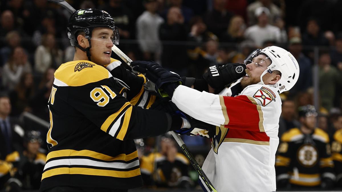 Oct 14, 2024; Boston, Massachusetts, USA; Boston Bruins defenseman Nikita Zadorov (91) mixes it up with Florida Panthers center Sam Bennett (9) during the first period at TD Garden. Mandatory Credit: Winslow Townson-Imagn Images