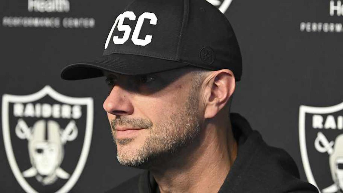  Apr 25, 2025; Henderson, NV, USA; (L-R) Las Vegas Raiders general manager John Spytek during a news conference introducing Ashton Jeanty as the first round draft pick in the 2025 NFL Draft at Intermountain Health Performance Center. Mandatory Credit: Candice Ward-Imagn Images | Candice Ward-Imagn Images 