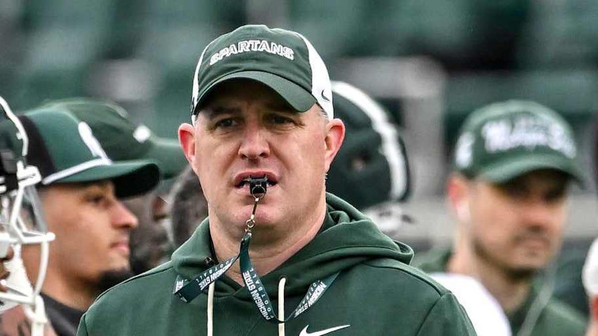  Michigan State's head coach Pat Fitzgerald looks on during the football Spring Showcase on Saturday, April 18, 2026, at Spartan Stadium in East Lansing. | Nick King/Lansing State Journal / USA TODAY NETWORK via Imagn Images 