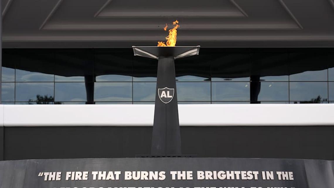  Feb 10, 2026; Henderson, NV, USA; The Al Davis memorial torch at the Las Vegas Raiders headquarters and practice facility at the Intermountain Health Performance Center. Mandatory Credit: Kirby Lee-Imagn Images | Kirby Lee-Imagn Images 